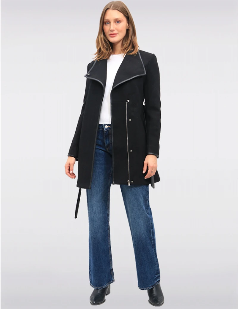 Manteaux | La maison du Manteau au Québec Celine en Laine Mélangée Noir Ceinturé Bordé Cuir Végan par Saki