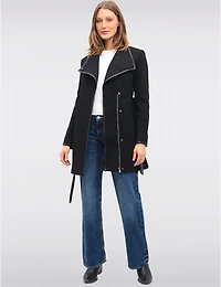 Manteaux | La maison du Manteau au Québec Celine en Laine Mélangée Noir Ceinturé Bordé Cuir Végan par Saki