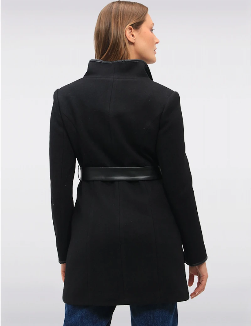 Manteaux | La maison du Manteau au Québec Celine en Laine Mélangée Noir Ceinturé Bordé Cuir Végan par Saki
