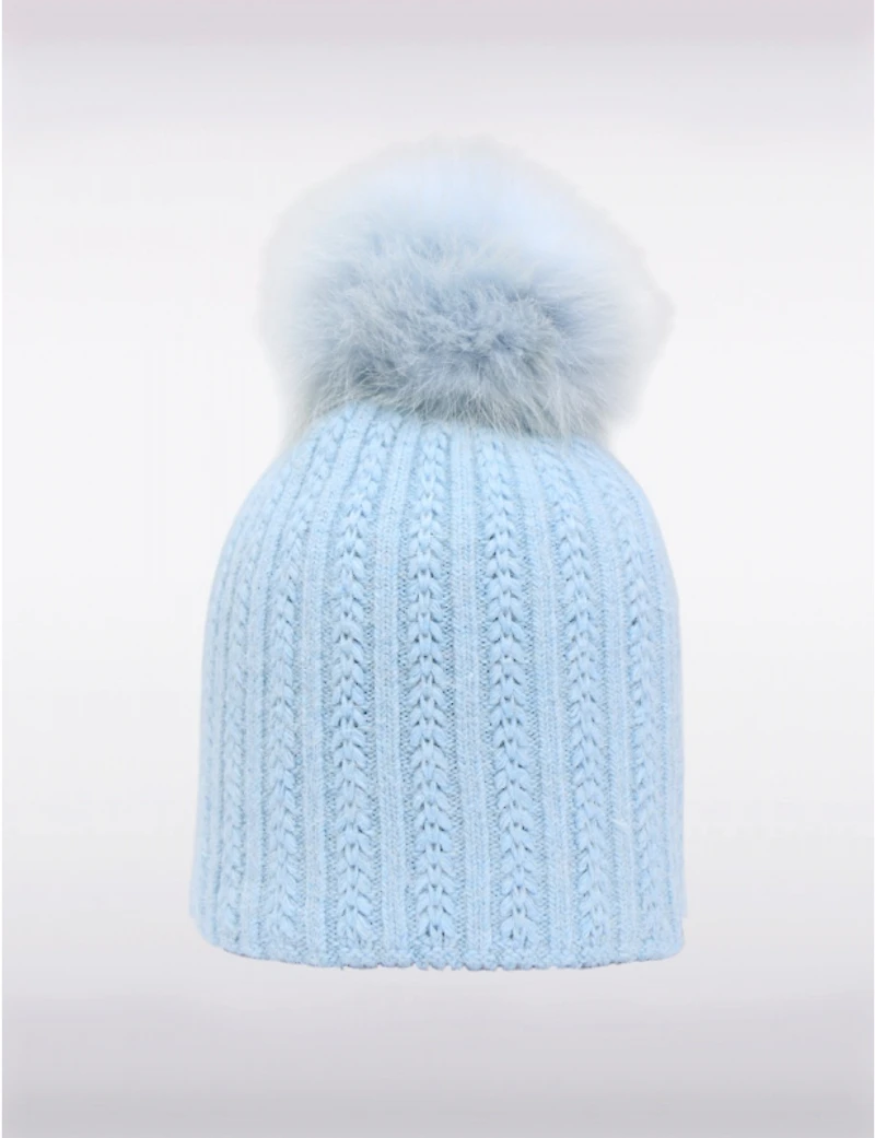Tuque en Maille Côtelée Confortable avec Pompon Fourrure Véritable Amovible