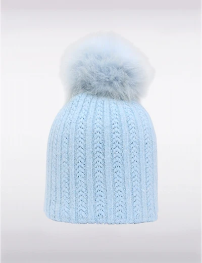 Tuque en Maille Côtelée Confortable avec Pompon Fourrure Véritable Amovible