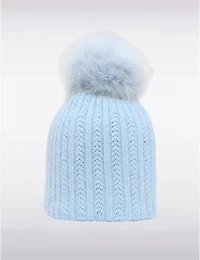 Tuque en Maille Côtelée Confortable avec Pompon Fourrure Véritable Amovible