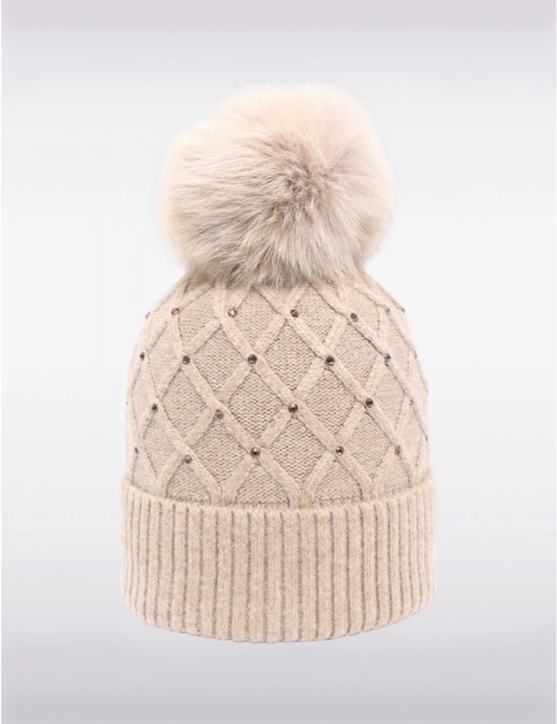 Tuque en Tricot avec Pompon en Fourrure Véritable Amovible et Strass Décoratifs