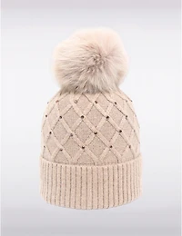 Tuque en Tricot avec Pompon en Fourrure Véritable Amovible et Strass Décoratifs