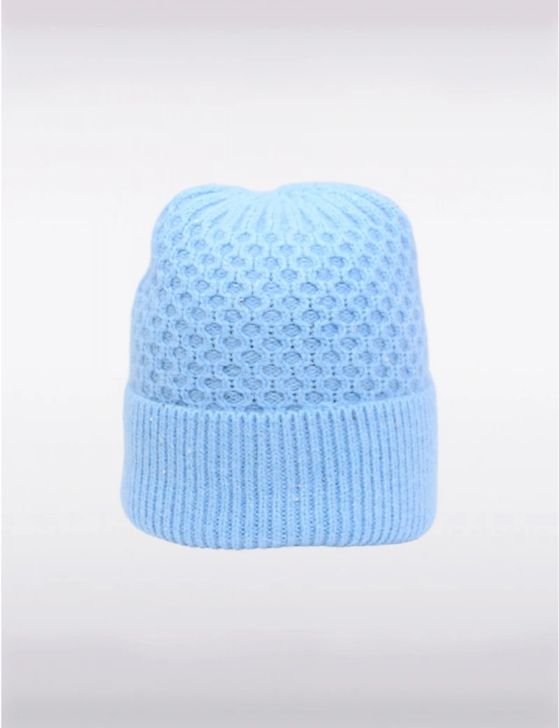 Tuque Tricotée Texturée à Motif Nid d’Abeille avec Strass & Bord Replié