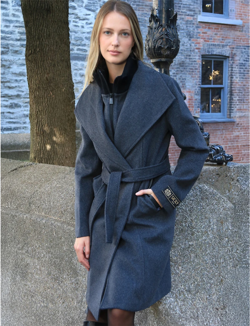 Manteau Long en Mélange de Laine à Col Revers Plastron & Ceinture par Sicily