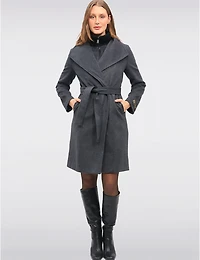 Manteau Long en Mélange de Laine à Col Revers Plastron & Ceinture par Sicily