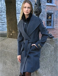 Manteau Long en Mélange de Laine à Col Revers Plastron & Ceinture par Sicily
