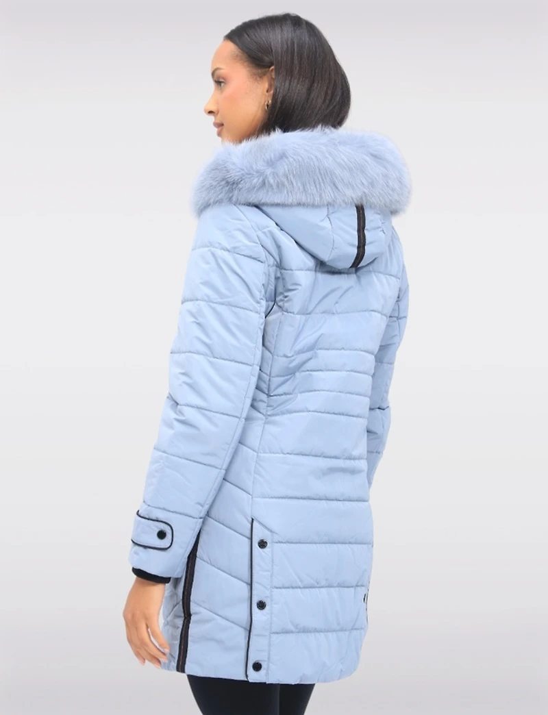 Doudoune Monochrome Mi-longue À Capuche Bordée De Fourrure Véritable Par Styla