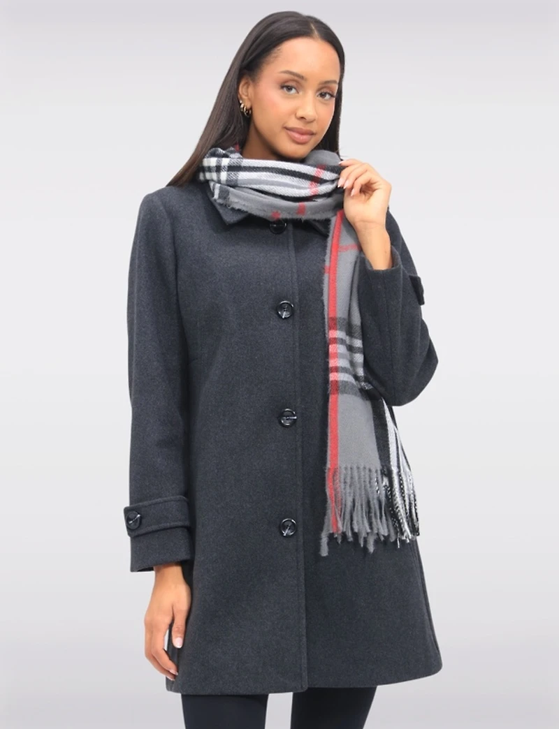 Manteau Sara Col Chemise Boutonnage Simple & Écharpe À Carreaux Incluse Par Saki