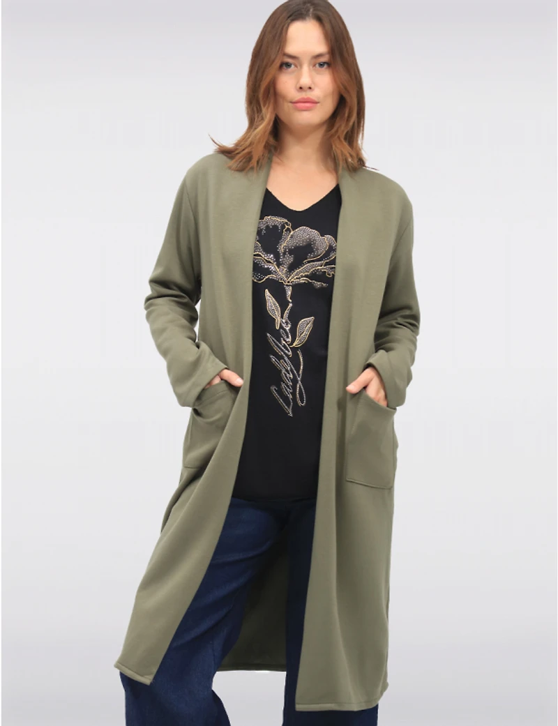 Manteaux | La maison du manteau au Québec Cardigan Long Extensible avec Poches Plaquées et Manches Longues par Froccella