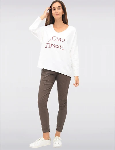 Manteaux | La maison du manteau au Québec Haut V-Neck Brodé Ciao Amore avec Manches 3/4 et Dos Plus Long par Froccella