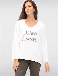 Manteaux | La maison du manteau au Québec Haut V-Neck Brodé Ciao Amore avec Manches 3/4 et Dos Plus Long par Froccella