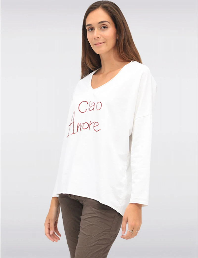 Manteaux | La maison du manteau au Québec Haut V-Neck Brodé Ciao Amore avec Manches 3/4 et Dos Plus Long par Froccella