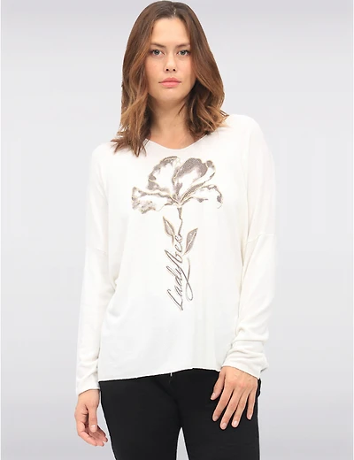 Manteaux | La maison du manteau au Québec Haut en Maille à Manches Longues Col V avec Motif Floral et Strass par Froccella