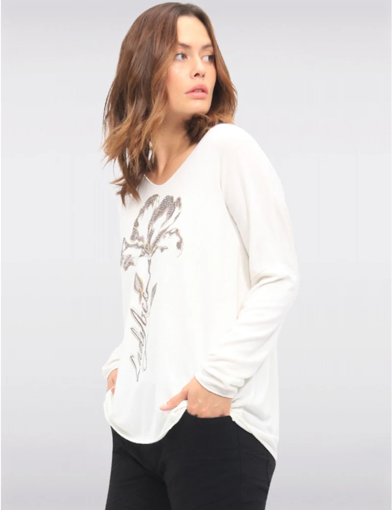 Manteaux | La maison du manteau au Québec Haut en Maille à Manches Longues Col V avec Motif Floral et Strass par Froccella
