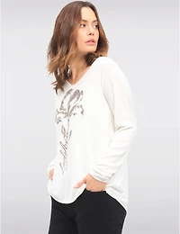 Manteaux | La maison du manteau au Québec Haut en Maille à Manches Longues Col V avec Motif Floral et Strass par Froccella