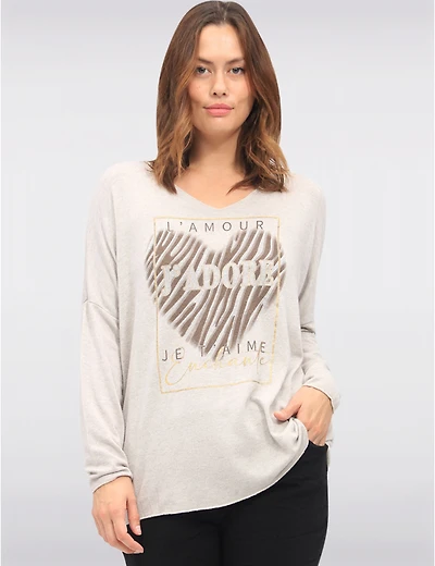 Manteaux | La maison du manteau au Québec Haut en Tricot Extensible à Col V avec Motif Cœur Texte et Strass par Froccella
