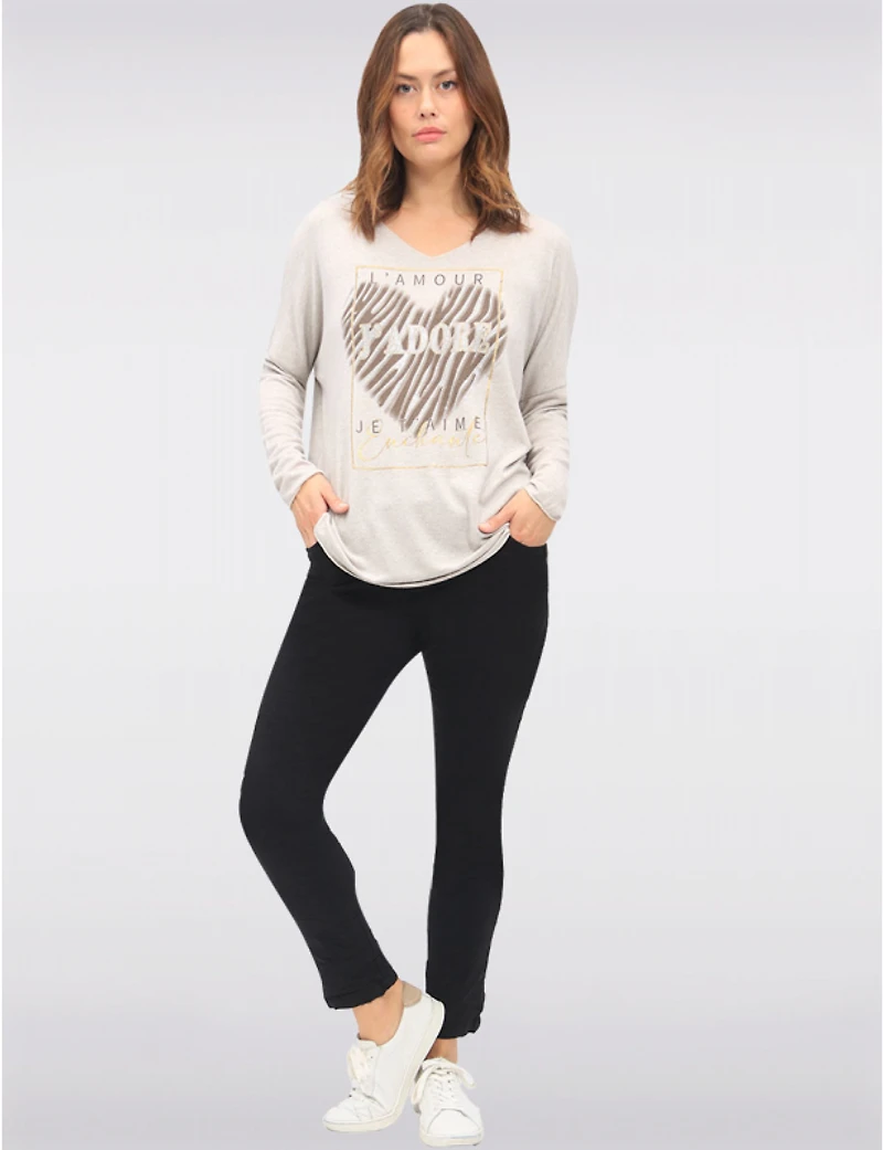 Manteaux | La maison du manteau au Québec Haut en Tricot Extensible à Col V avec Motif Cœur Texte et Strass par Froccella