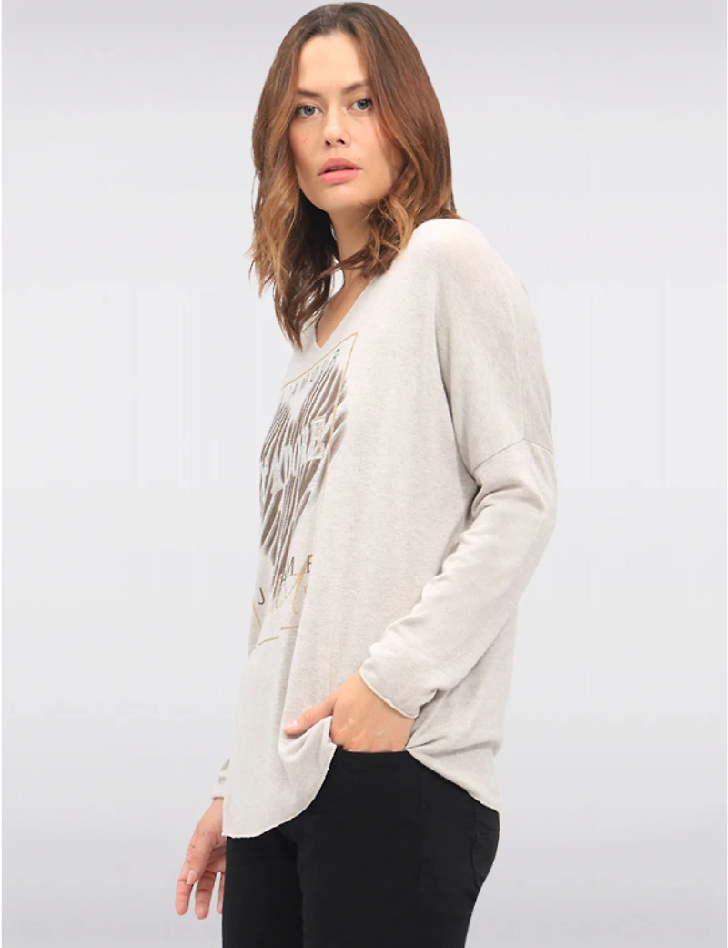 Manteaux | La maison du manteau au Québec Haut en Tricot Extensible à Col V avec Motif Cœur Texte et Strass par Froccella
