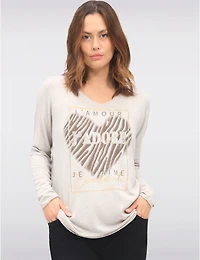 Manteaux | La maison du manteau au Québec Haut en Tricot Extensible à Col V avec Motif Cœur Texte et Strass par Froccella