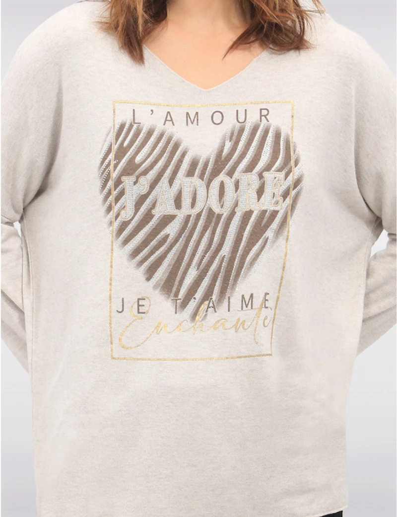 Manteaux | La maison du manteau au Québec Haut en Tricot Extensible à Col V avec Motif Cœur Texte et Strass par Froccella
