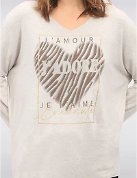 Manteaux | La maison du manteau au Québec Haut en Tricot Extensible à Col V avec Motif Cœur Texte et Strass par Froccella