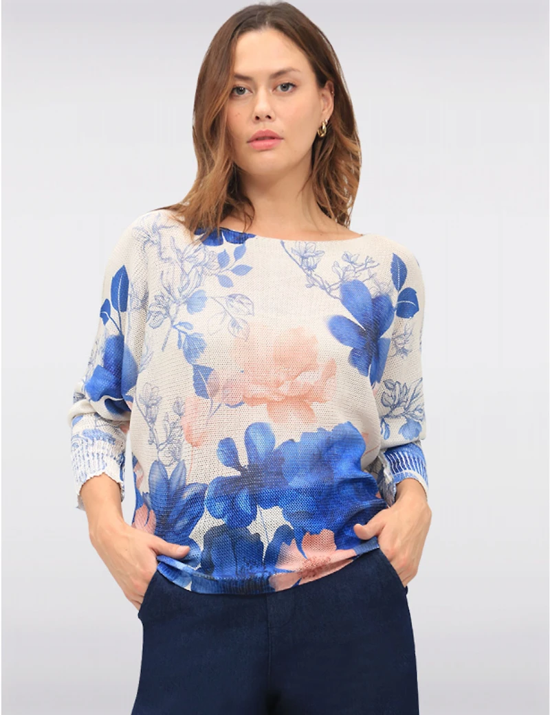 Manteaux | La maison du manteau au Québec Haut en tricot à Fleurs avec Manches Dolman 3/4 et Col Bateau par Froccella