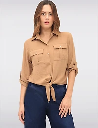 Manteaux | La maison du manteau au Québec Chemise Chic Boutonnée avec Nœud à l’Avant & Manches Ajustables par Froccella