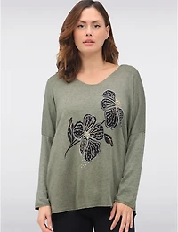 Haut en Mélange de Laine à Imprimé Floral Détails Dorés & Strass par Froccella