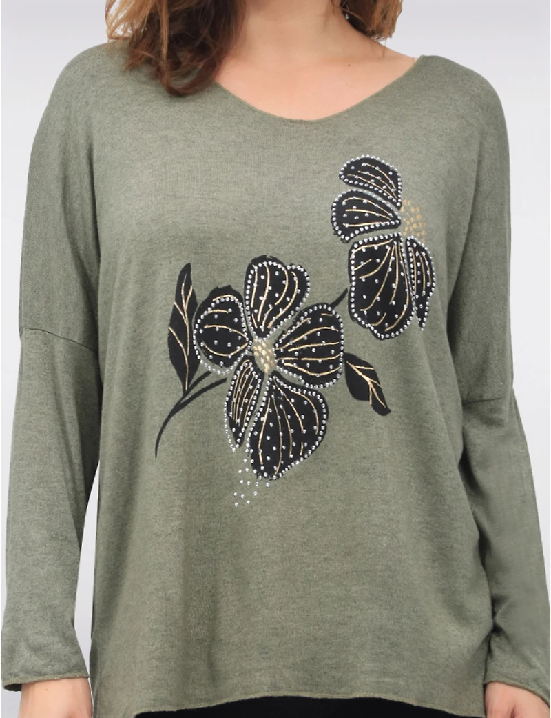 Haut en Mélange de Laine à Imprimé Floral Détails Dorés & Strass par Froccella