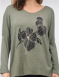 Haut en Mélange de Laine à Imprimé Floral Détails Dorés & Strass par Froccella