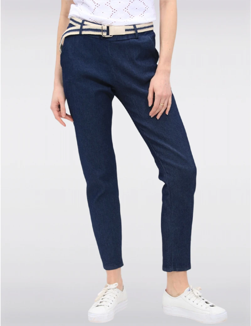Manteaux | La maison du manteau au Québec Pantalon Denim Ajusté en Coton Extensible avec Ceinture Amovible par Froccella