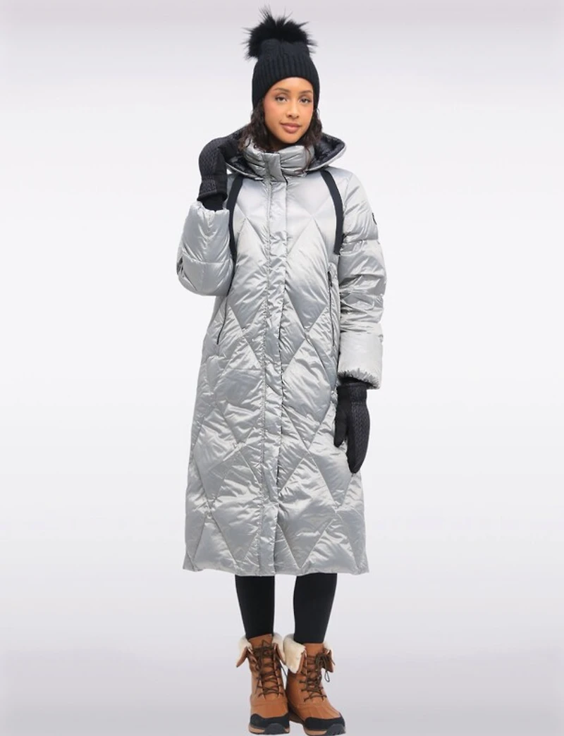 Doudoune Longue Matelassée Deux Tons Brillants À Capuche Amovible Par Frandsen