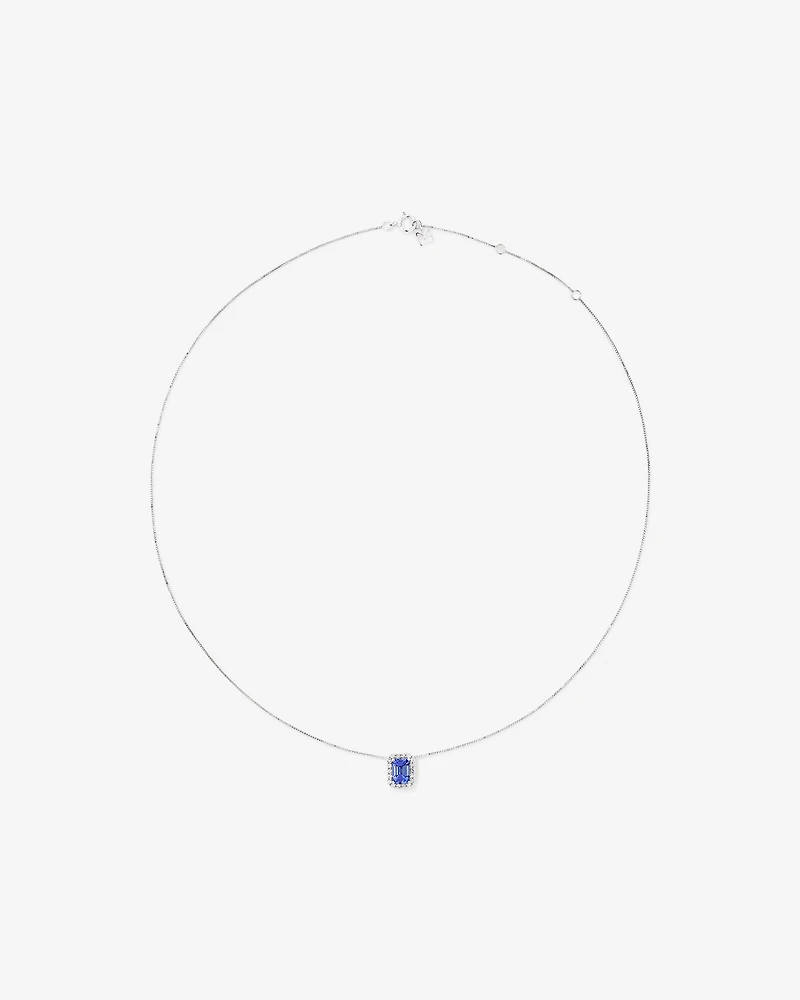 Pendentif Halo Avec Tanzanite Bleue Taille Émeraude Et 0,17 Carat Pt De Diamants En Or Blanc 14 Ct
