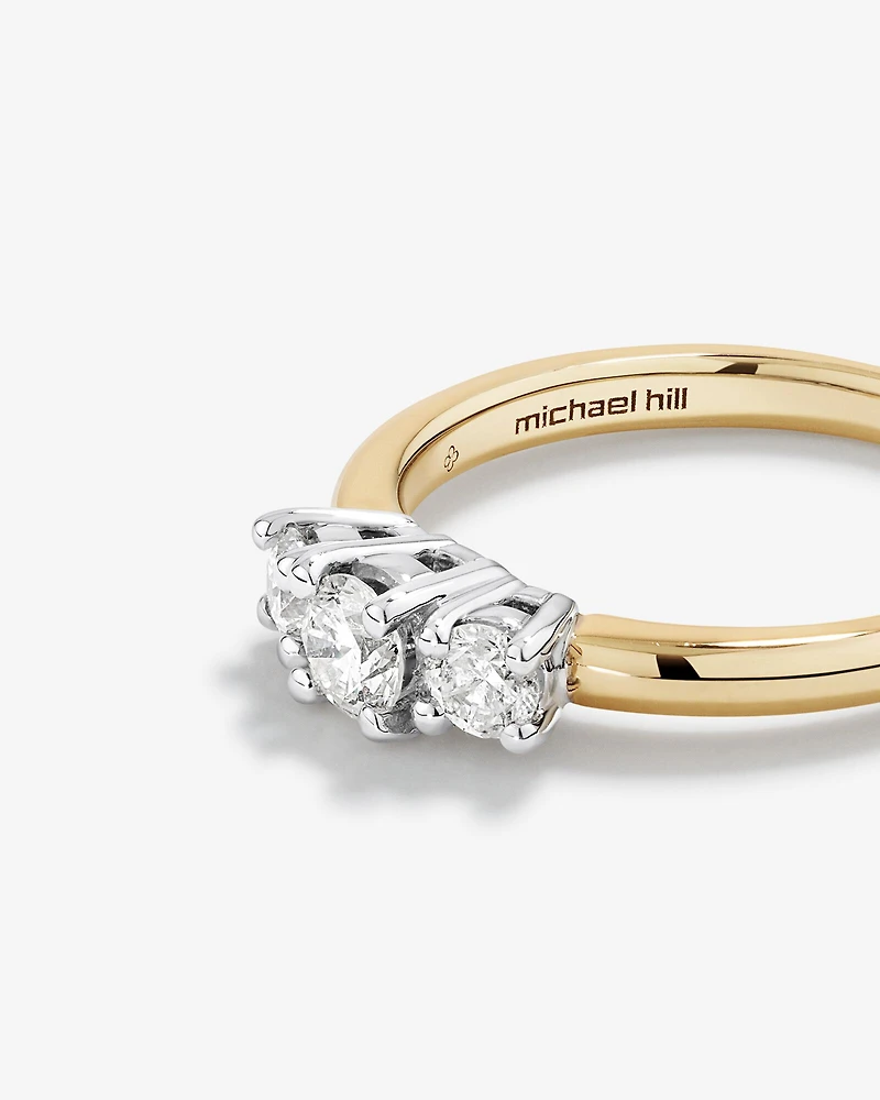 Bague de fiançailles à trois pierres en diamant taille brillant rond de 0,50 carat en or blanc 14 carats jaune et blanc