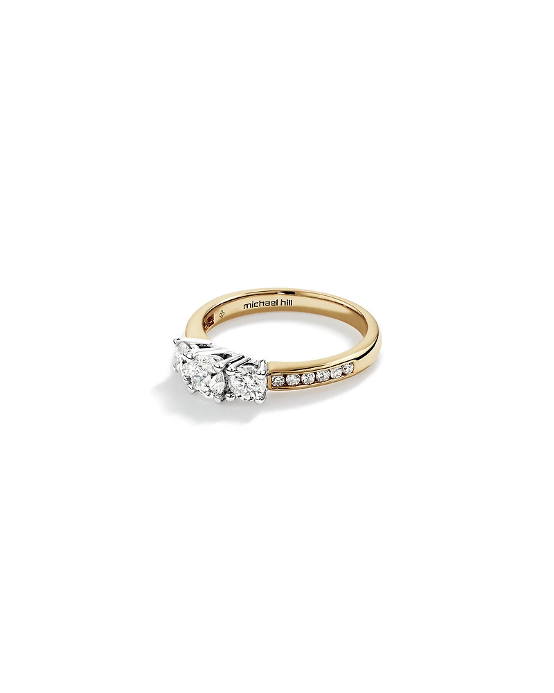 Bague de fiançailles à trois pierres en diamant taille brillant rond de 1,00 carat en or jaune et blanc 14 carats