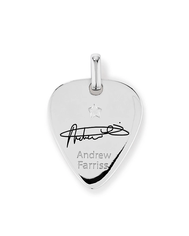 INXS Andrew Farriss Pendentif médiator gravé avec chaîne en argent sterling recyclé