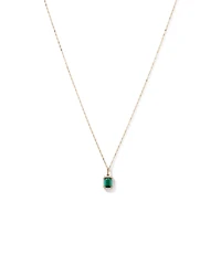 Emerald Cut Green Created Emerald Gemstone and  Diamond Halo Pendant with Chain in 10kt Yellow Gold