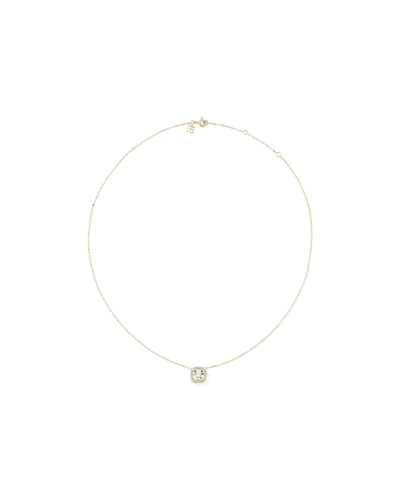 Cushion Cut Green Amethyst Gemstone and 0.15 Carat TW Diamond Halo Pendant Necklace in 10kt Yellow Gold