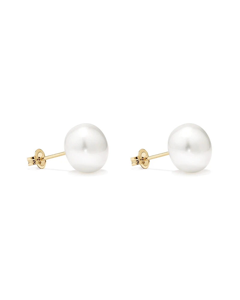 10.5-11mm Button Cultured Freshwater Pearl Stud Earrings in 10kt Yellow Gold