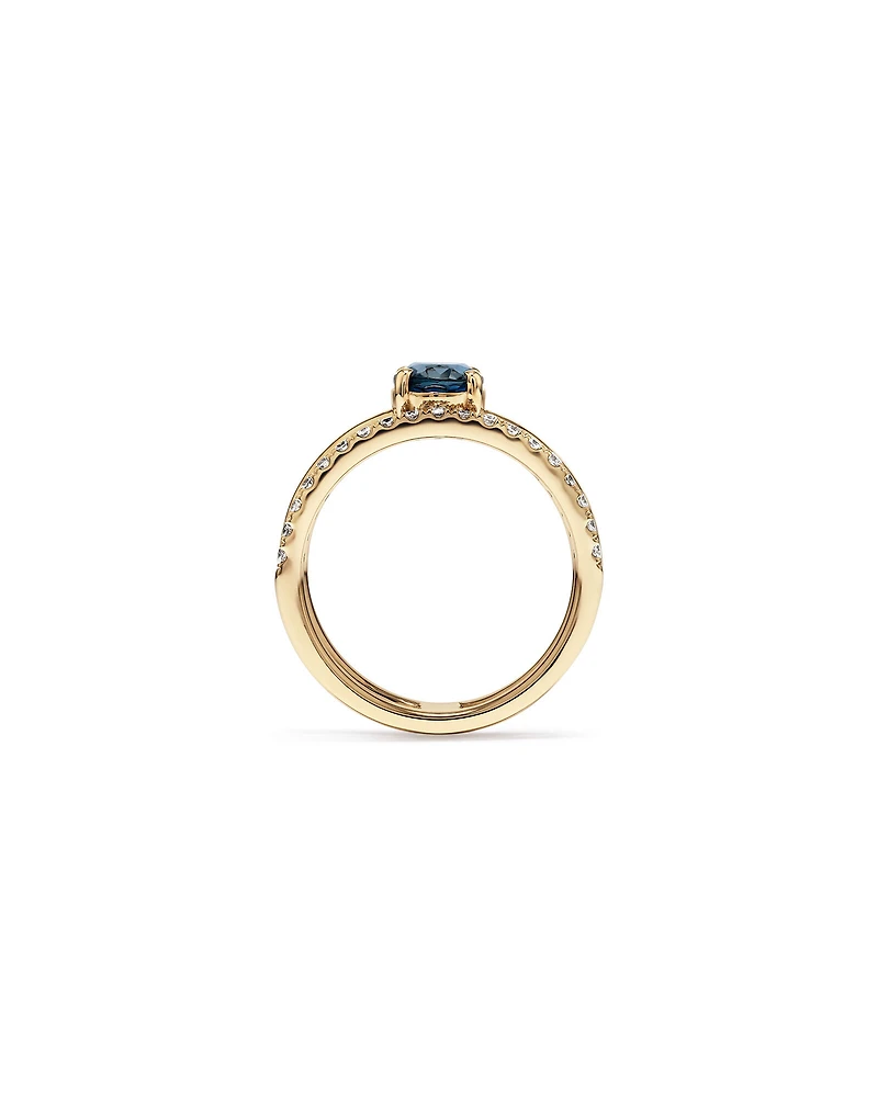 London Blue Topaz Double Band Ring with 0.25 Carat TWof  Diamonds in 10kt Yellow Gold