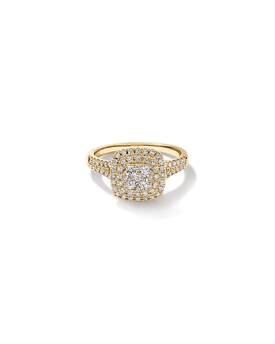 Bague Halo en Cluster Coussin avec un Poids Total de 0,65 Carat de Diamants en Or Jaune 10 Carats