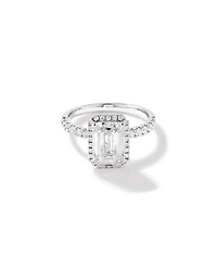 Bague de fiançailles en or blanc 18 carats avec halo de diamants de culture en laboratoire taille émeraude de 3,60 carats
