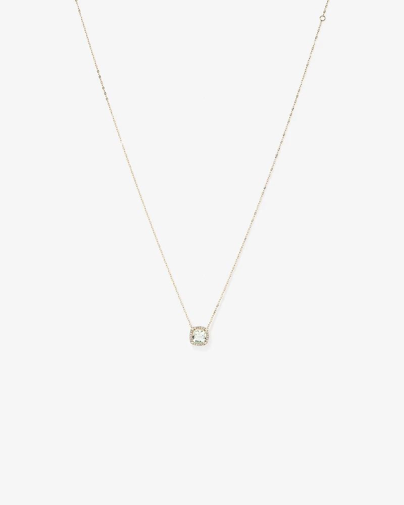 Cushion Cut Green Amethyst Gemstone and 0.15 Carat TW Diamond Halo Pendant Necklace in 10kt Yellow Gold