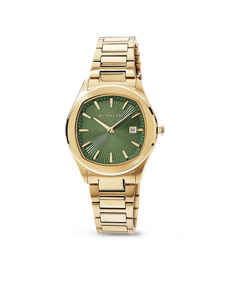 Montre à quartz en ton doré avec cadran vert à motif rayons de soleil