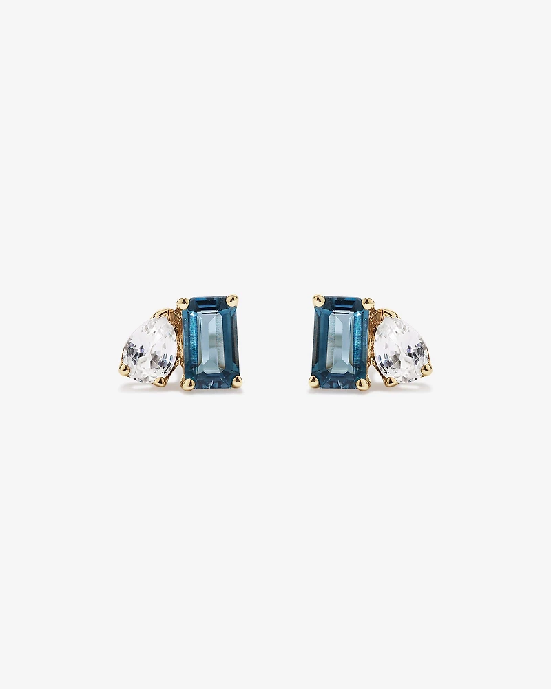 Boucles d’oreilles avec saphir blanc taille poire et topaze bleu de Londres taille émeraude en or jaune 10 carats