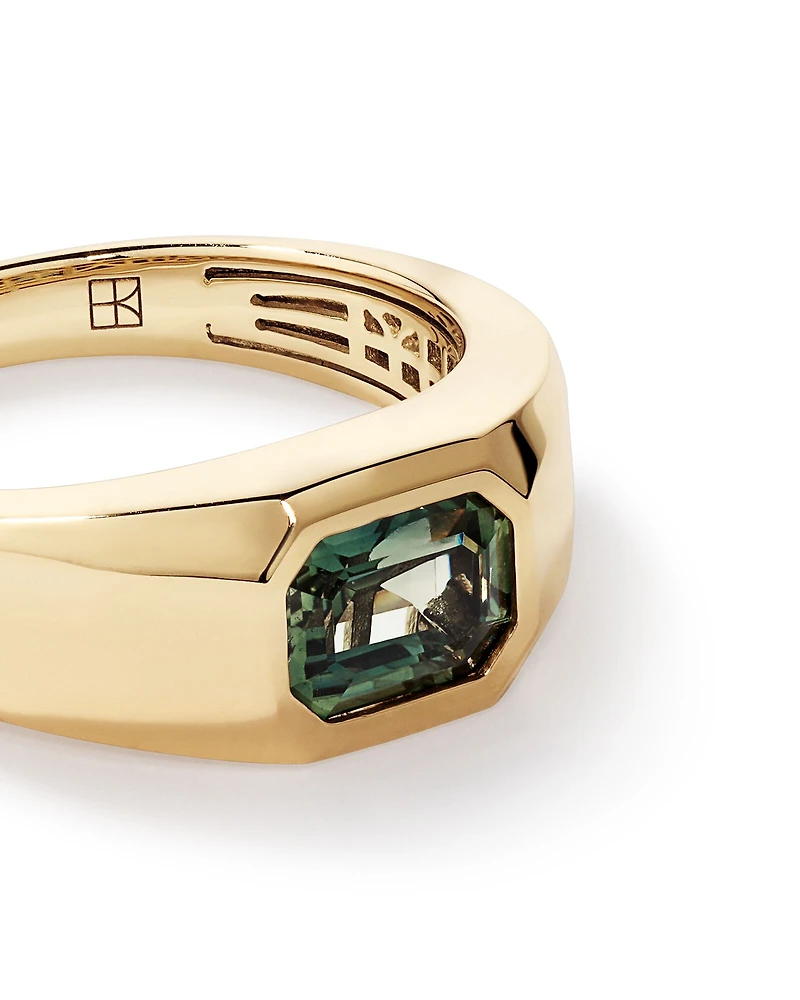 Bague Solitaire Pour Homme Avec Pierre De Saphir Vert Sertie Clos En Or Jaune 10Kt