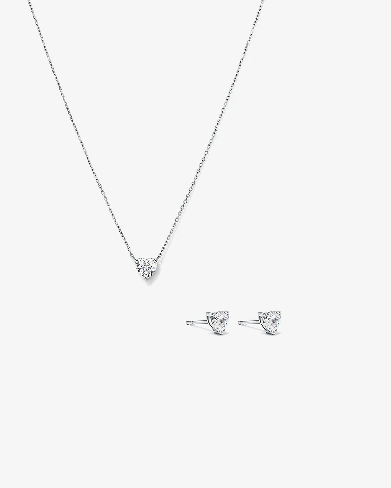 Ensemble de Boucles d'Oreilles Clous et Collier Coeur en Zircon Cubique en Argent Sterling