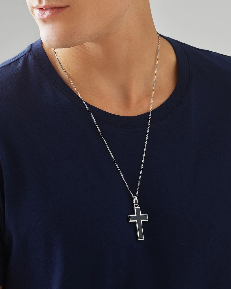 Pendentif en argent en forme de croix avec onyx et chaîne câblée de 65 cm